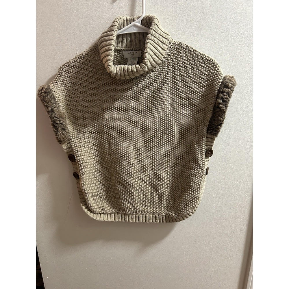 Aspen Kids Girls Chunky Turtleneck Tan Sweater With Faux Fur Trim‎ 10/12